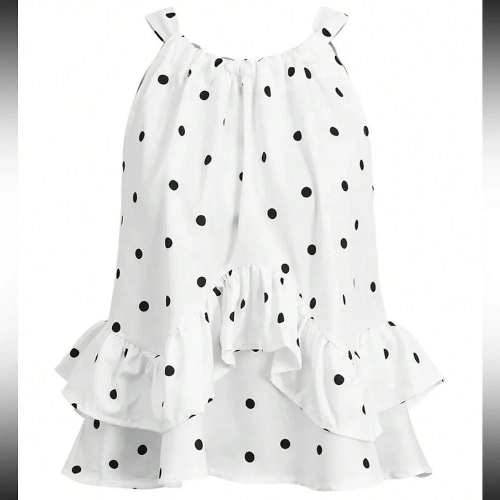 White Black Polka Dot Halter Top Blouse Shirt - Picture 3 of 3